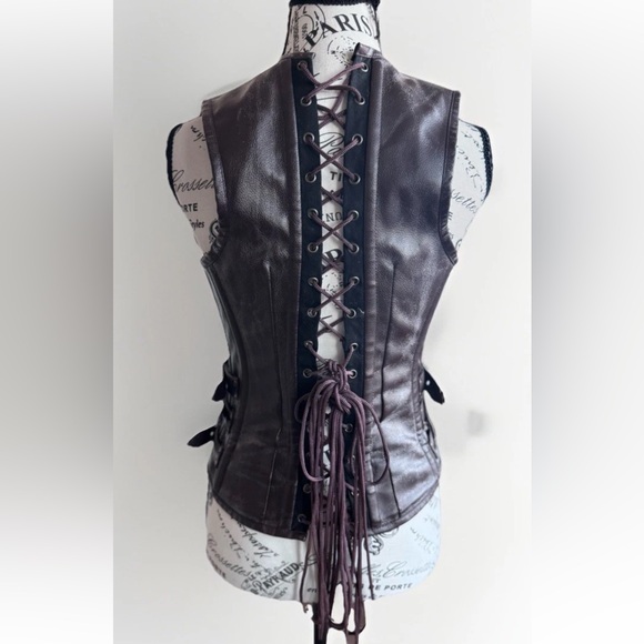 Burleska Corset Zip Up Brown Faux Leather Buckles Steampunk Goth Top 26 *Flawed - Picture 4 of 12